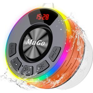 MuGo Shower Bluetooth Speaker Waterproof IPX7, 360 HD Stereo Sound Bathroom Speaker Bluetooth 5.3 with RGB Lights, Suction Cup and Microphone, Mini Shower Radio for Home/Party/Outdoor (Orange)