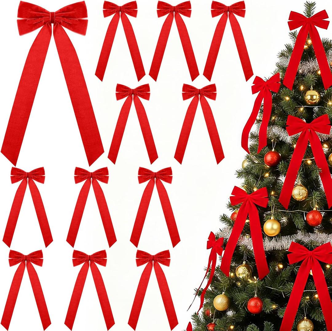 Riceshoot 12 Pcs Large Christmas Velvet Bows 6.5 x 15 inch Wreath Crafts Bows Vintage Christmas Tree Decorations Ornaments for Home Party Gifts Wrapping Garland Indoor Outdoor Holiday Decor (Red)