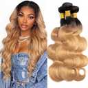 Body Wave Human Hair Bundles T1B/27 Ombre Honey Blonde 16 18 20 Inch Brazilian Virgin Remy 3 Bundles 2 Tone Black to Honey Blonde Hair Extensions