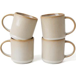 famiware Coffee Mug Set for 4, Star 12 oz Catering Mugs Cup Set with Handle for Coffee, Tea, Cocoa, Milk - Ceramic Stoneware Drinkware Set, Cappuccino White, 4 Count (Pack of 1)