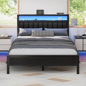 Furnulem Queen Size Bed Frame with Charging Station and LED Lights
Platform Bed with Grey Upholstered Headboard, 2-Tier Storage Shelf, Metal Slats, No Box Spring Needed, Noise-Free, USB+Type-C