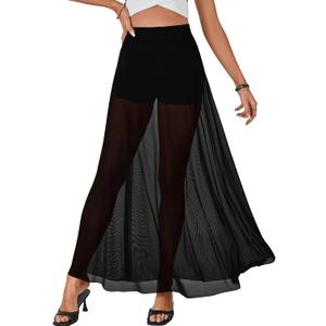 KIFOVEN Women's Sexy Sheer Mesh Maxi Skirt High Waisted A-Line Flowy See Through Long Skirts Clubwear Beach Cover Up (Black, M)