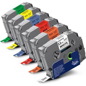 Labelwell 6-Pack TZ Tape 12mm 0.47 Laminated Compatible for P Touch Label Tape TZ TZe-B31 231 131 431 531 631 TZe231 for PTouch PT-H110 D210 D220 H103W, Flu.Orange/White/Red/Blue/Yellow/Green