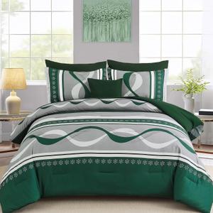 Anibedding Dark Green Comforter Set King Size,8 Pieces Bed in a Bag Patchwork Striped Bedding Sets,Boho Soft Microfiber Bedding Set for All Season(104"90")