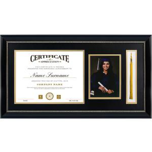 GraduatePro Picture Frame - Black Frame with Gold Rim, 11x22 inches, Document/Certificate & 5x7 Photo, Double Mat, Real Glass, Tassel Holder, Vintage Collection
