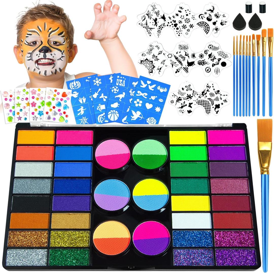 Professional Face Painting Kit for Kids  44 Color Water Activated Facepaint Makeup Kit, Non-Toxic face Paint with Stencils, Gems, Brushes for Halloween, Parties, Carnival, School Event & Festivals (44 Colors - 32 Piece Set)