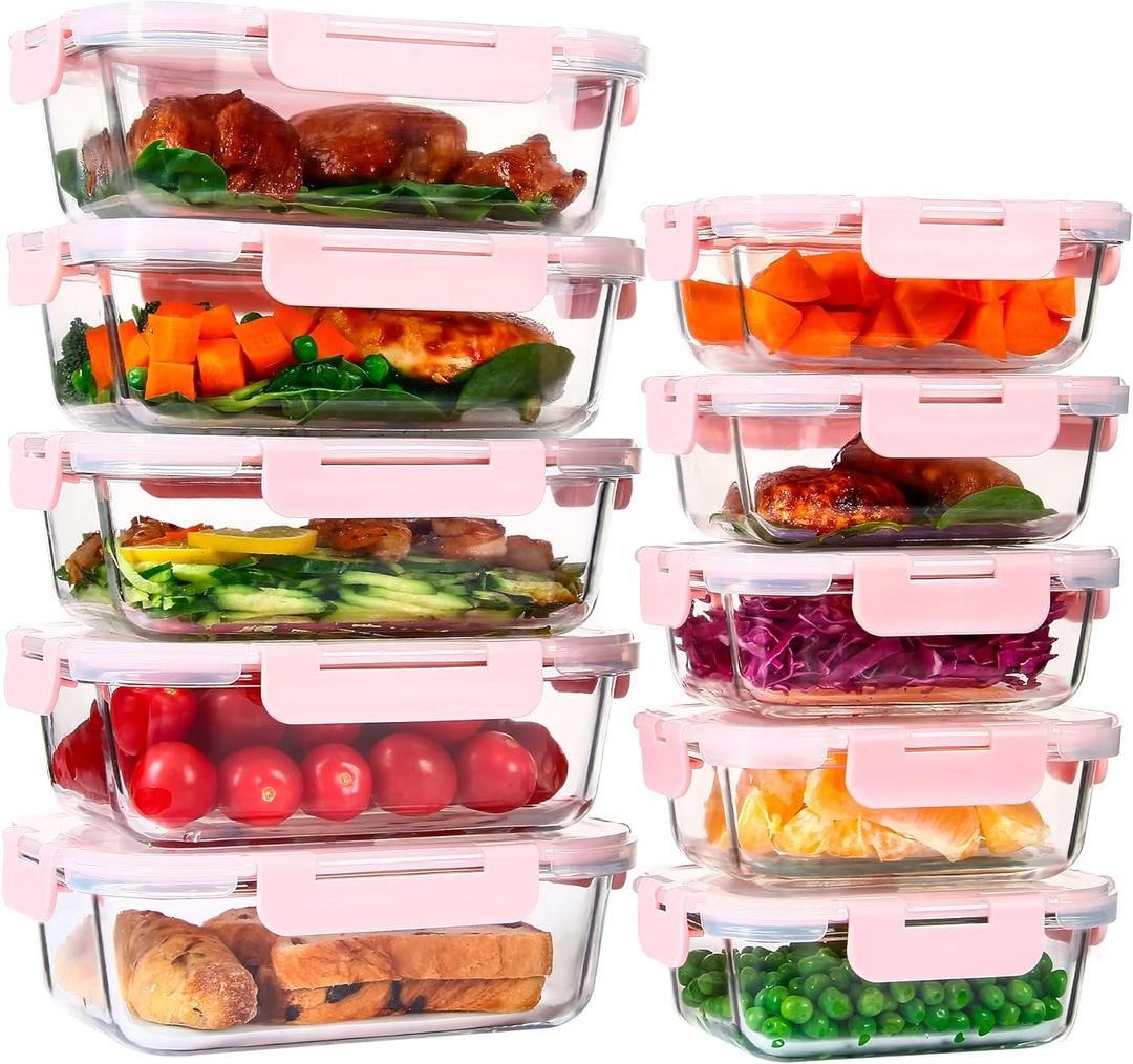 UMEIED 10 PACK Glass Food Storage Containers with Leak Proof Lids, Glass Airtight Meal Prep Containers Set for Lunch, On the Go, Leftover, Kitchen Pantry Organizers and Storage (Pink)