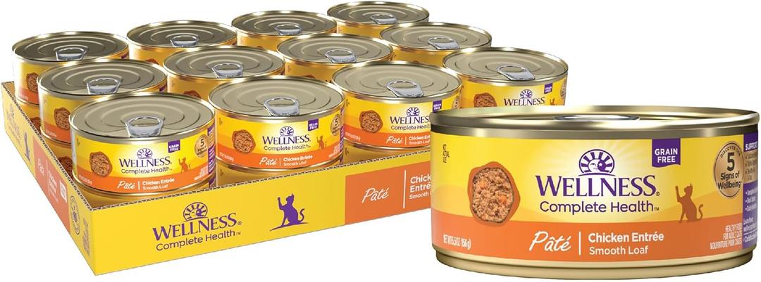 Wellness Complete Health Pate Adult Wet Cat Food, Natural, Protein-Rich, Grain Free, 5.5 Ounce, 24 Pack, (Chicken) (BBD 04 AUG 2025)