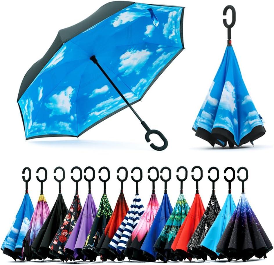 SIEPASA 49/56 Inch Inverted Reverse Upside Down Umbrella, Extra Large Double Canopy Vented Windproof Waterproof Stick Golf Umbrellas with C-shape Handle.