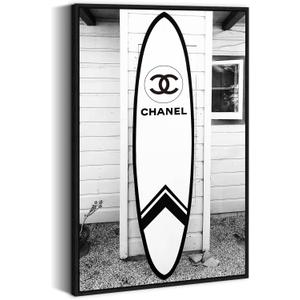 Black White Beach Framed Art: Large Retro Trend Surfboard Wall Picture Vintage Ocean Theme Scenery Canvas Prints Fashion Seaside Cottage Painting Artwork for Living Room Bedroom Bathroom (36"L x 24"W)