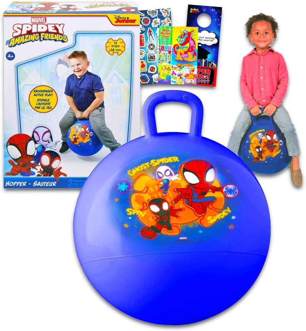 Marvel Spidey & Friends Hopper Ball Outdoor Toy Set - Bundle Includes Spidey & Friends 15" Hopper Ball for Boys and Girls Outdoor Activities, Parties Plus Stickers, More | Spiderman Outdoor Toys
