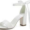 Block Heel Wedding Shoes for Bride Women Chunky Heeled Sandals Pearl Bridal Shoes (8, Ivory)