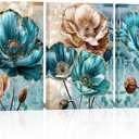 sechars Teal and Brown Wall Decor Turquoise Flower Canvas Art Painting Modern Abstract Floral Picture Artwork Bathroom Decor Framed (Medium)