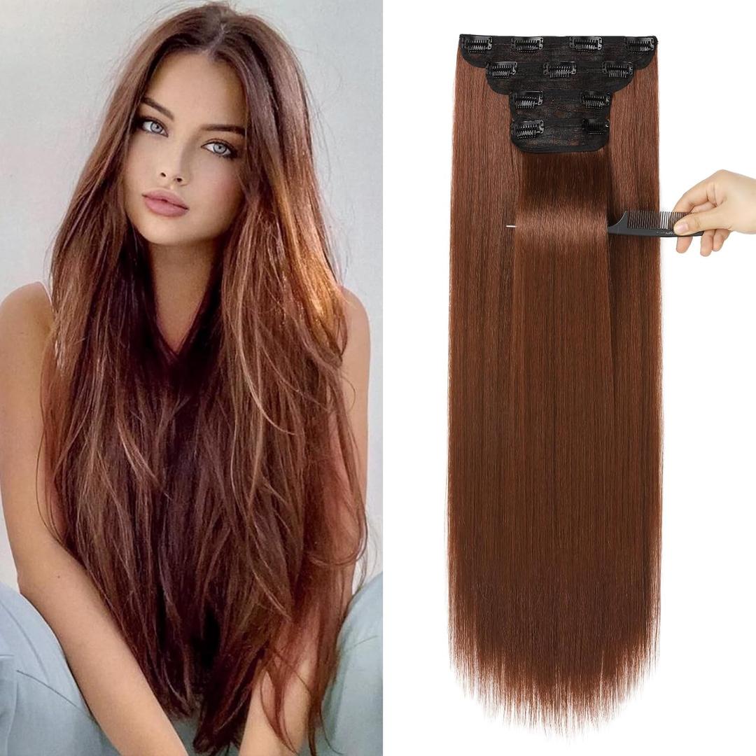 REECHO 28" Straight Long 4 PCS Set Thick Clip in on Hair Extensions - Dark Copper