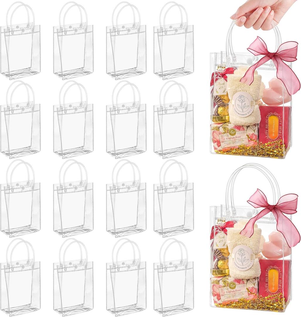 Jutieuo 24 Pack Clear Plastic Gift Bags with Handles, Reusable Transparent Party Favor Bags PVC Goodie Bags Bulk for Wedding, Baby Shower, Birthday (5.9" x 7.9" x 2.8")