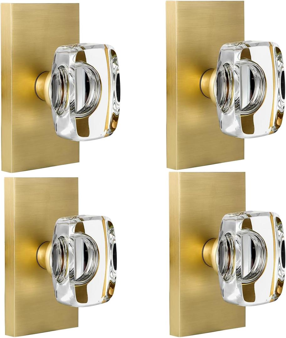 Glass Crystal Dummy Door Knob Interior, Hall and Closet Dummy Door Knob Door Handles Clear Non-Turning Single Side Inactive 4 Pack, Satin Brass