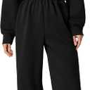 QINSEN Women's AirCotton Long-Sleeve Half-Zip High Waisted Wide Leg Jumpsuit with Peckets (Black, M)