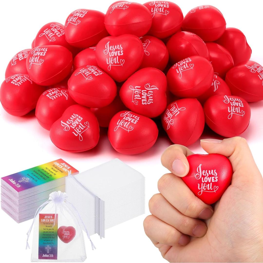 Zubebe 24 Sets Christian Jesus Loves You Heart Stress Balls Gifts Sets with Jesus Cards and Organza Bags 1.57 Inch Religious Motivational Relief Balls Bible Toys Baptism Gifts Easter Basket Stuffers