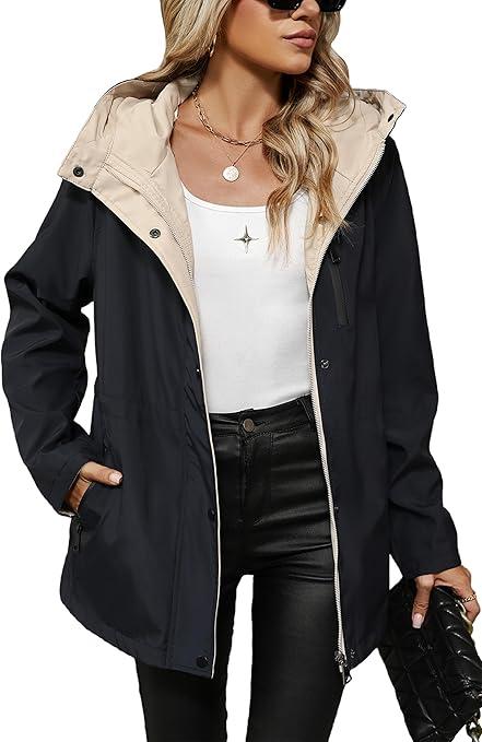 Bellivera Women's Lightweight Coat Windbreaker Zip Up Long Sleeve Jacket Outdoor Raincoat with Hood K502 Black M