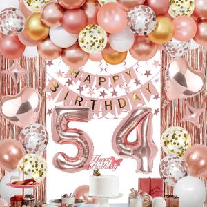 54th Rose Gold Birthday Party Decorations for Women, Rose Gold Happy Birthday Banner, Fringe Curtains, Heart Foil Balloons, Confetti Balloons, Cake Topper for 54th Birthday Decorations