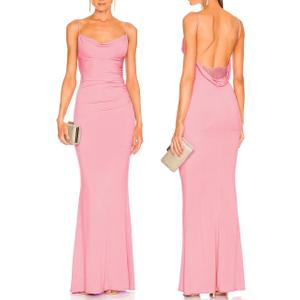 Capuffy Women Drape Neck Formal Maxi Dresses Lace Backless Cocktail Party Dress Spaghetti Straps Mermaid Evening Gown 221 (Pink, S)