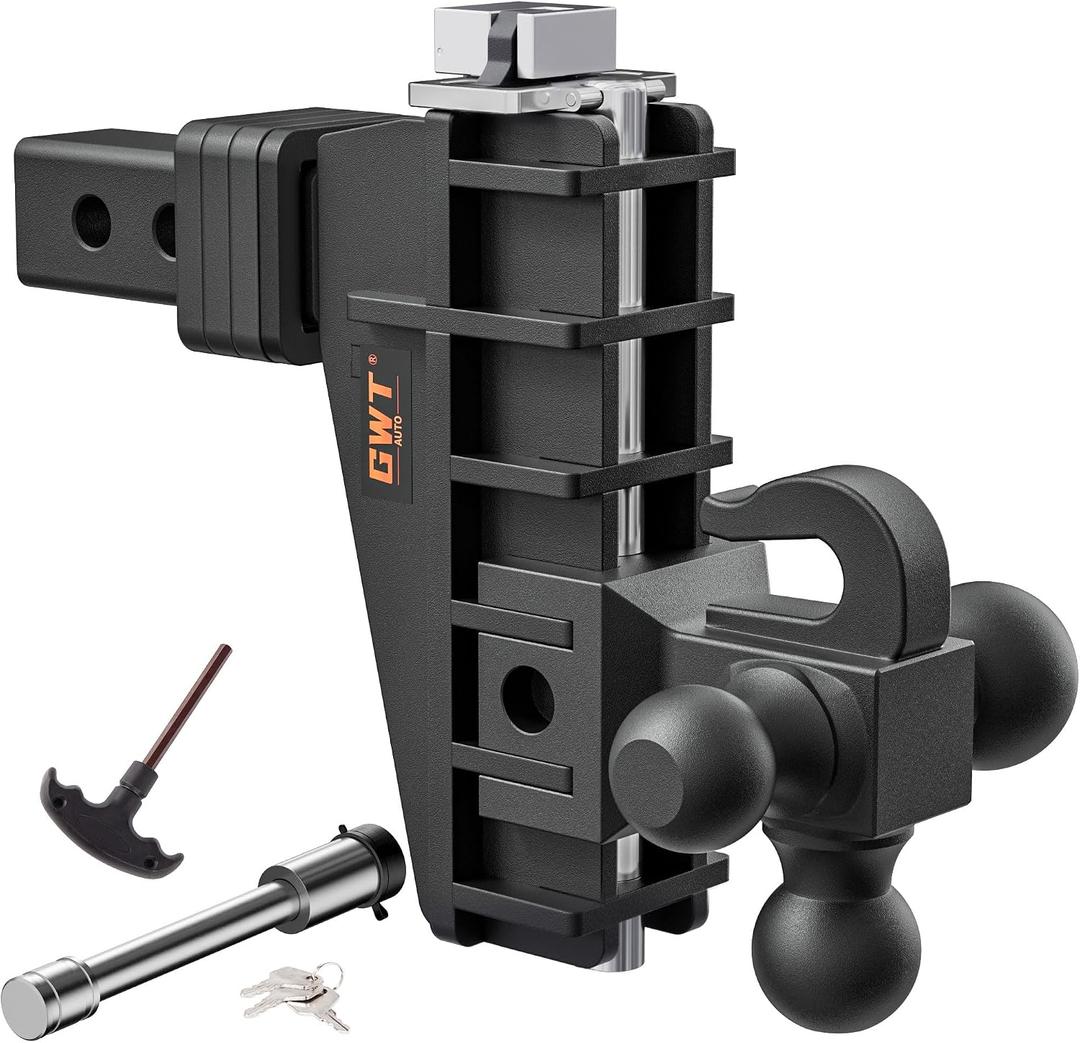 Adjustable Trailer Hitch with Hook, Tri-Ball (1-7/8" x 2" x 2-5/16") Drop Hitch, Fits 2-Inch Receiver, 6 Inch Drop Hitch, 17000 LBS GTW Tow Hitch for Heavy Duty Truck, Solid Ball Mount