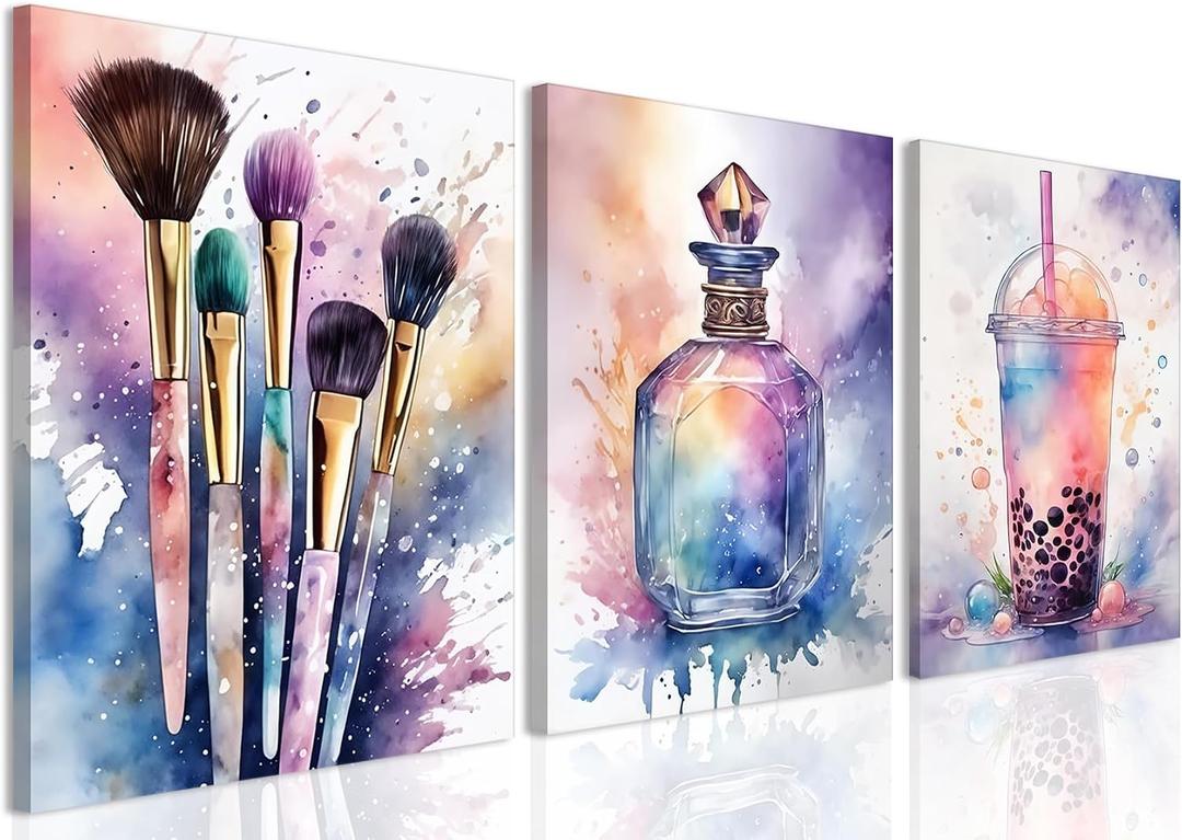 Framed Teen Girls Bedroom Wall Art Set of 3, Colorful Fashion Makeup Brush Perfume Pictures Wall Decor Paintings, Watercolor Drink Prints Aesthetic Home Decor for Living Room Bathroom Dorm 16x24 inch, 24L" x 16W"