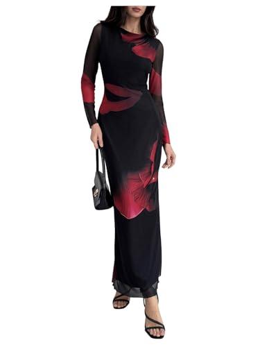 Milumia Women's Tie Dye Mesh Bodycon Dresses Floral Long Sleeve Maxi Dresses Cocktail Party Black Medium