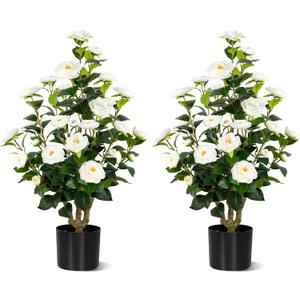 [2-Pack] 37 Artificial Camellia Tree with White Flowers, Faux Potted Plant for Indoor & Outdoor Decor, Lifelike Greenery for Home, Office, Porch, or Patio (White)