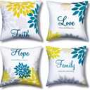 Tatuo 4 Pcs Yellow Flower Navy Pillow Covers Square Pillow Cushion Cases 18x18 Inch, Family Faith Hope Love Words Decorative Spring Summer Cushion Case for Sofa Bed(Blue Series)