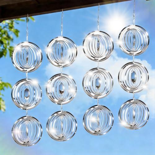 Superlong Bird Deterrents for Outside, 12 Discs Stainless Steel 3D Wind Spinners Garden Decor, 4 Sets Reflective Bird Scare Devices to Keep Woodpeckers, Pigeons Away from Patio, Balcony, Porch, Deck