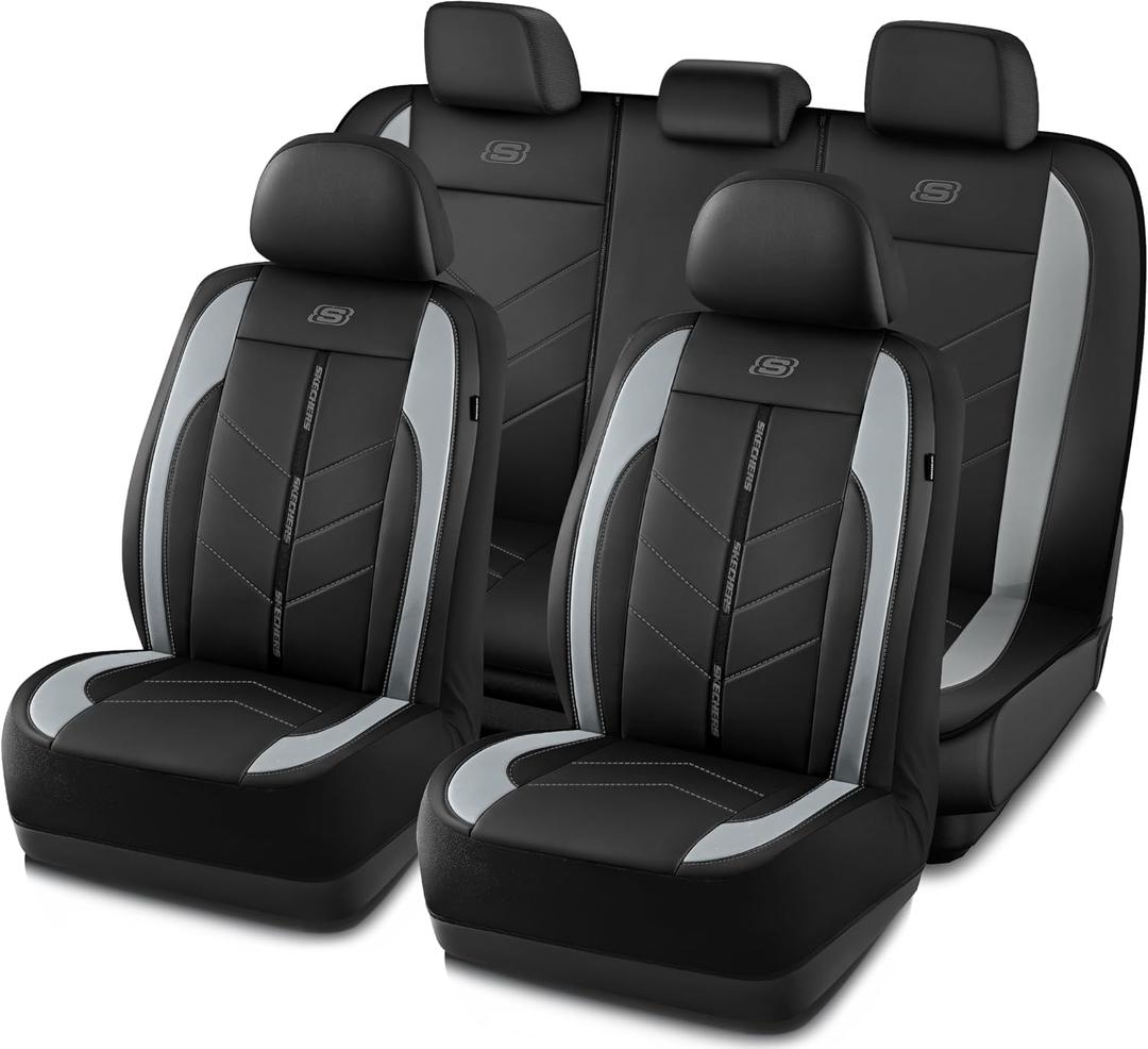 Skechers Car Seat Covers, Luxury Faux Leather Seat Covers,Waterproof Anti Slip Car Seat ProtectorFull Set ,Car Accessories Airbag Universal Fit for Most Cars, Vans, Trucks, SUV, Grey