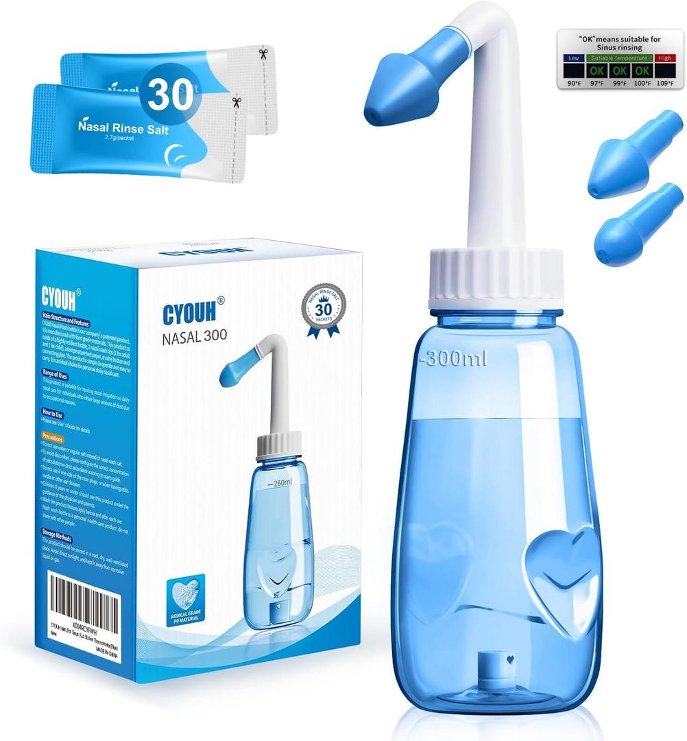 Neti Pot Sinus Rinse Bottle 300 ML with 30 Nasal Wash Salt Packets and Sticker Thermometer Nose Wash Cleaner Pressure Rinse Nasal Irrigation for Adult & Kid BPA Free (Blue)