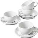 LE TAUCI 8 oz Cappuccino Cups with Saucers,Ceramic Large Coffee Cup for Au Lait, Double shot, Latte, Cafe Mocha, Tea - Set of 4, White