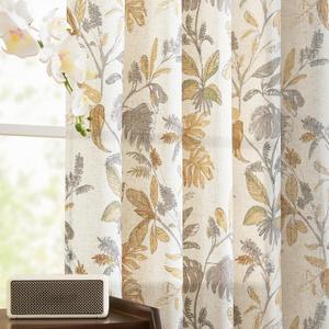 jinchan Linen Curtains for Living Room 63 Inches Length Tropical Leaf Print Botanical Flax Farmhouse Country Curtains Rod Pocket Light Filtering Window Treatment Drapes Set, 2 Panels, Yellow