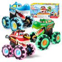JOYIN 3 Pack Monster Truck Toy - Motion Activated Light Up Cars for Toddlers - Monster Glow Rover LED Wheels - Baby Boy Toys - Press and Go Dinosaur Trucks for Kids Valentines Day Boy Birthday Gifts