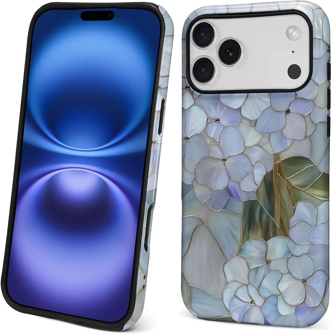 Compatible with iPhone 17 Pro Max Case - Dual-Layer Protection, Hard Shell with Silicone Interior,Slim Scratch Resistant Shockproof for Woman Men - Blue Hydrangea Stained Glass