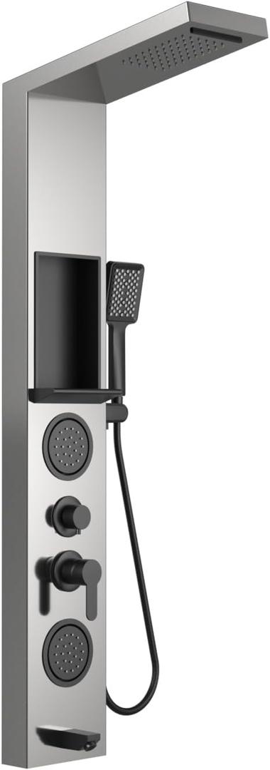 ELLO&ALLO Shower Panel System Tower with Shelf, Rainfall and Waterfall Head Rain Massage Stainless Steel Bathroom Fixtures with Adjustable Body Jets, Brushed&Black