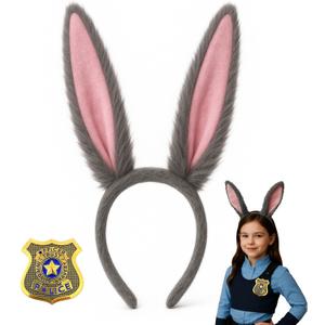 Gray Bunny Ears Headband and Badge Costume Accessories Set Grey Rabbit Ears with Badge for Kids, Adults, Women, Girls, and Boys Halloween Dress Up, Cosplay Party Supplies, Holiday Celebrations