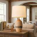 24.5" Handcrafted Ceramic Table Lamp with 5FT Cord, Single Farmhouse Vintage Rustic Bedside Lamp for Living Room Bedroom, Linen Shade Nightstand End Table Decor (Bulb Not Included)Earthy Yellow