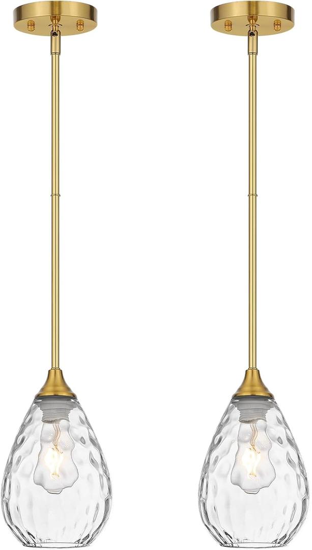 Brushed Gold Pendant Lights Kitchen Island 2 Pack, Modern Glass Pendant Light Fixtures with Hammered Glass and Rods, Adjustable Brass Hanging Light for Kitchen Sink Dining Room Bathroom