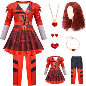7 Pcs Rise Princess Red Costume for Girls Red Party Dress Outfit Set with Wig (11-12 Years)