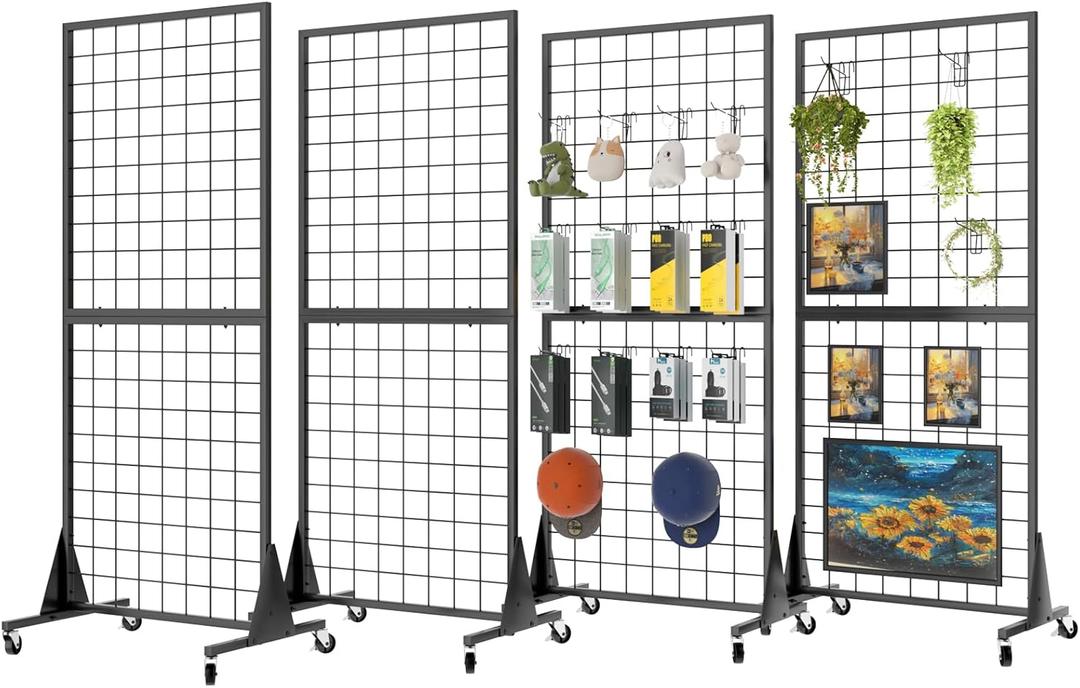 2' x 5.5' Grid Wall Panels Standing Wire Grid, Study Display Rack with T-Base Wheels Freestanding Gridwall Panel Tower for Shows, Black (4)