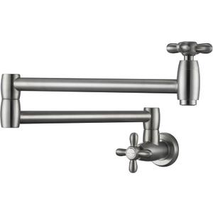 LANC Pot Filler Faucet Wall Mount, Brushed Nickel Kitchen Stove Faucets Stretchable with Double Joint Swing Arm Single Hole 2 Cross Handles Folding Brass Pot Fillers, P82BN