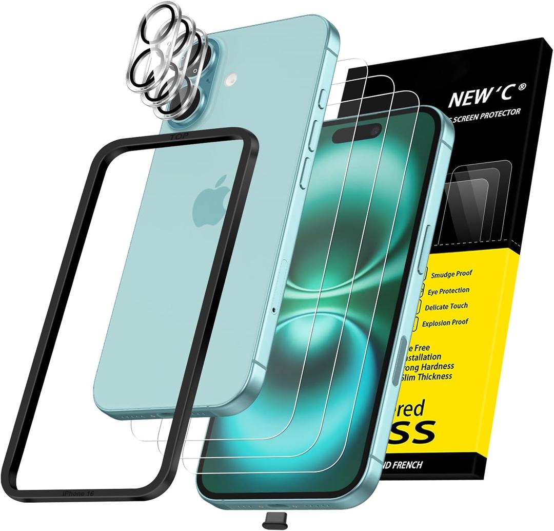 NEW'C 3x for iPhone 16 Screen Protector (6.1 inches)+ 3x Camera Lens Protector, Sensor Protection, Case Friendly Tempered Glass Film + Dust Plug- Easy installation tool include (Transparent)