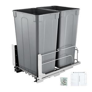 VEVOR Pull-Out Trash Can, 50 QT x2 Double Under Mount Kitchen Waste Container, Heavy Duty Garbage Recycling Bin with Door Kit and Soft Close Slide, for Kitchen Cabinet, Sink, Under Counter (Grey)