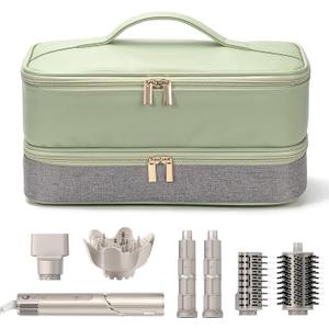 Double-Layer Travel Carrying Case for Shark Flexstyle/FlexFusion Airwrap Brush Hair Dryer , Waterproof PU Leather Hair Tool Organizer for Shark Flexstyle /Dyson Airwrap Styler Travel Accessories, Green