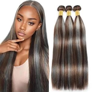 P4/Grey Bundles Human Hair 24 26 28 Inch Straight Highlight Chocolate Grey Human Hair Bundles 12A Unprocessed Brazilian Virgin Hair Quick Weave for Black Women