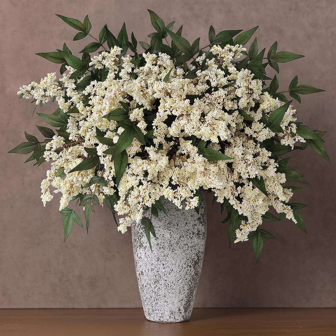 Juxdp 4 Pcs 36" Artificial Nandina Berry Stem, Fake Plant Branches(Beige) | Extra-Long Size, Realistic Faux Berry Spray, Lifelike Floral Picks, for Vase/DIY Bouquet/Shower/Mantel/Farmhouse/Home Decor