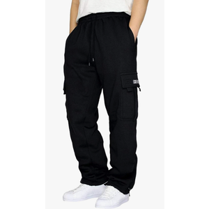 Men's Cargo Sweatpants Casual Fleece Joggers Loose Fit Open Bottom Athletic Pants for Men with Pockets, Size XL, Black